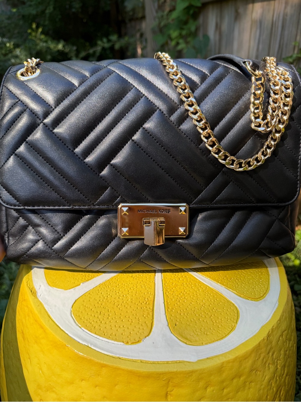 Michael Kors Black Quilted Leather Shoulder Bag with Gold Hardware